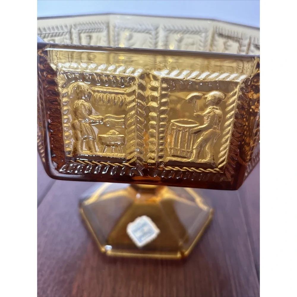 Vintage Imperial Glass Springerle Amber Pedestal Compote Candy Dish With Sticker